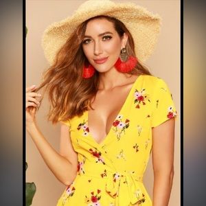 yellow floral Wrap front mini dress